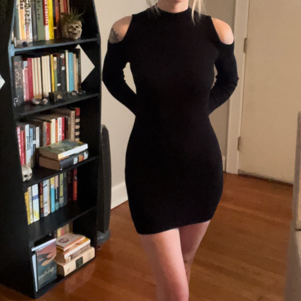 Bodycon mock neck sweater dress with shoulder cut outs
